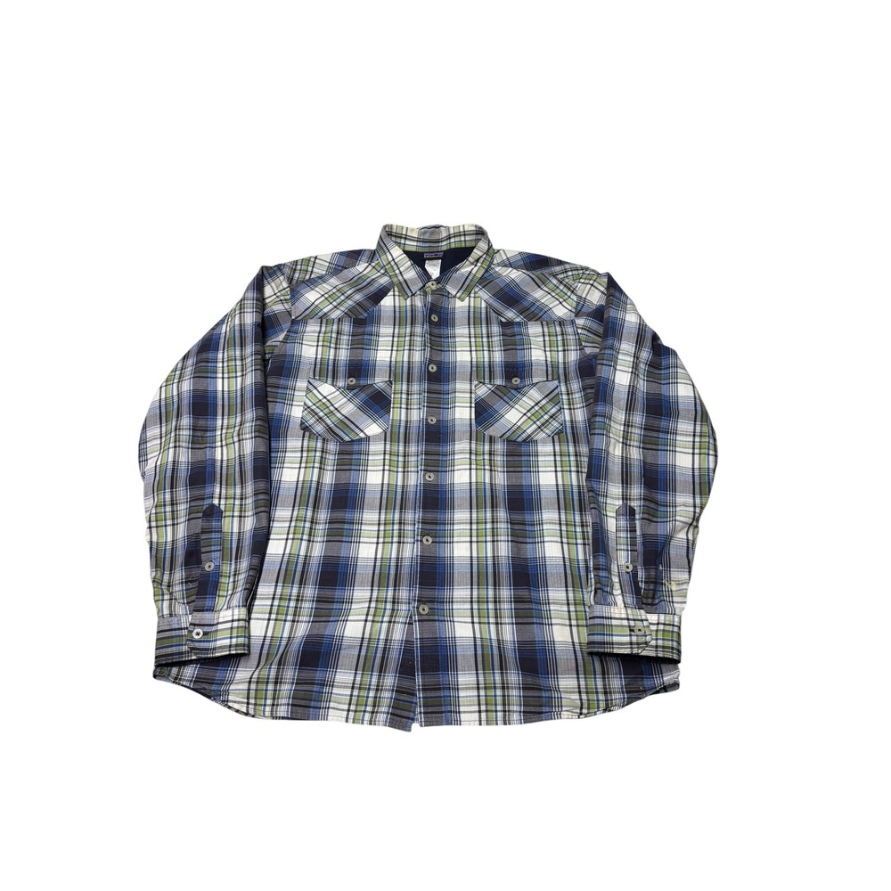 Patagonia Mens Large Organic Cotton Plaid Button Down Shirt Blue Green Ripstop
